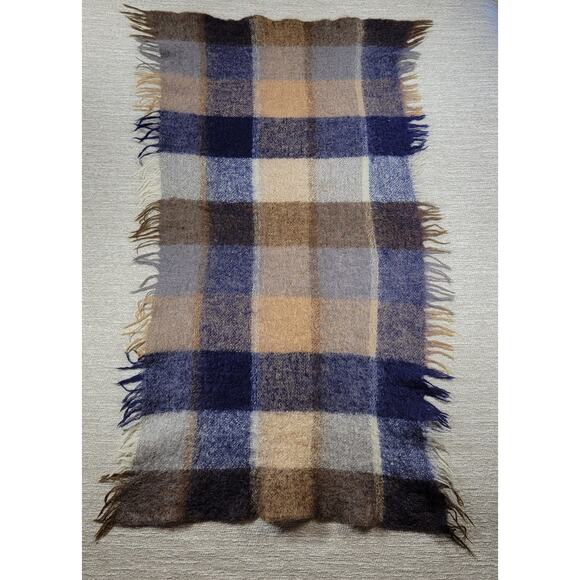 Avoca Hand Weavers Lap Blanket Scarf Shawl Brown Blue Wool Mohair Plaid Fringe - Picture 14 of 16